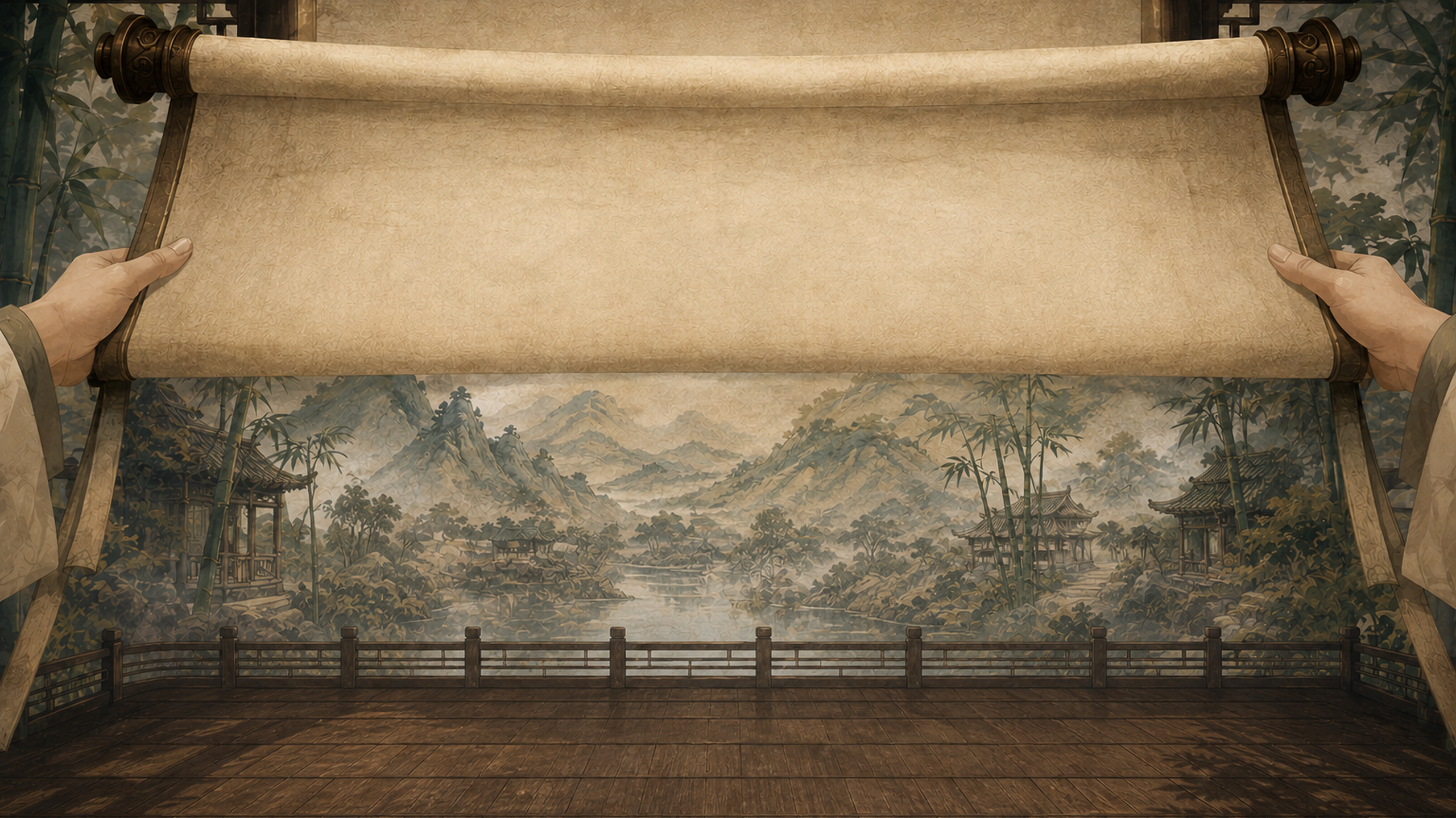 水墨庭院与展开的卷轴